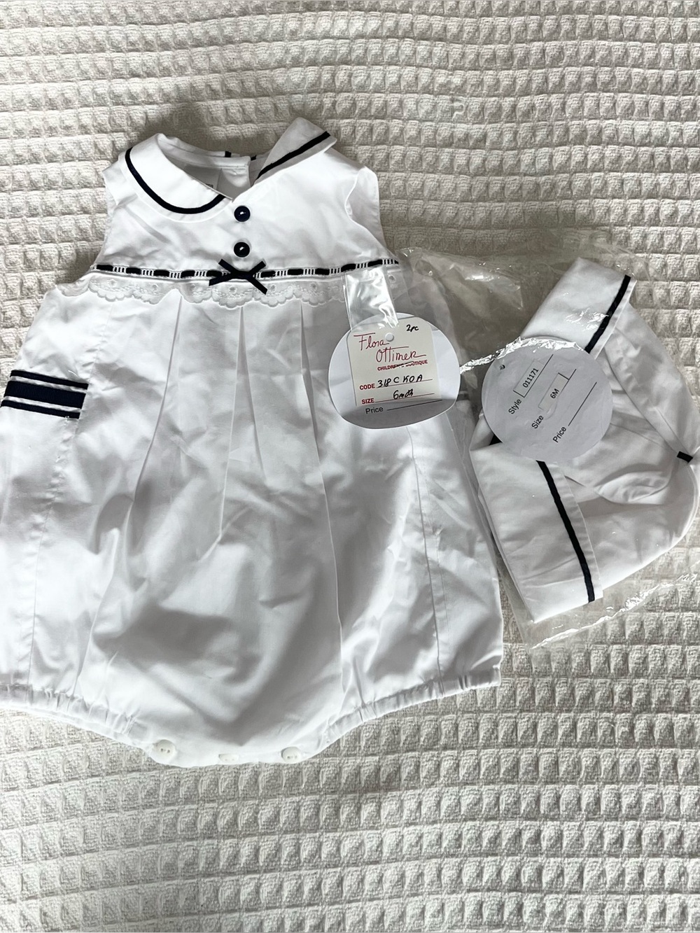 Sarah Louise White Baby Romper with Navy Trim NWT 6M